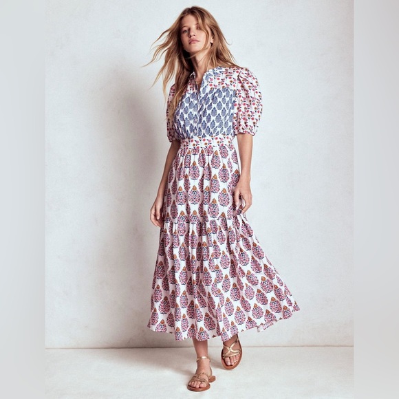 Boden Dresses & Skirts - Floral Print Puff-Sleeve Maxi Dress in White and Pink